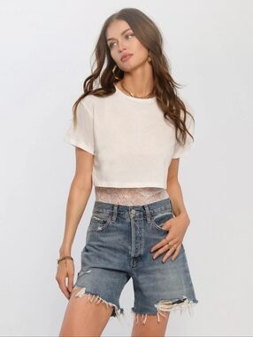 HEARTLOOM Celine Relaxed Fit Bodysuit White Cropped Tee Over Lace Softgirl S